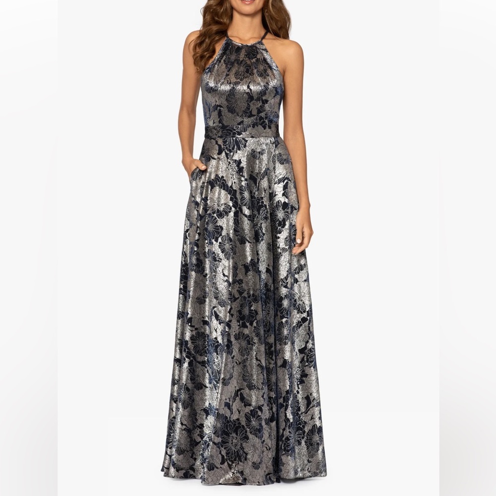 Betsy & Adam Layla Halter Top Wrap Foil Print Dress